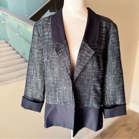 Adrianna Papell Navy Blue Tweed Blazer Size 14 Lady Jacket Open Preppy Old Money - Picture 2 of 9